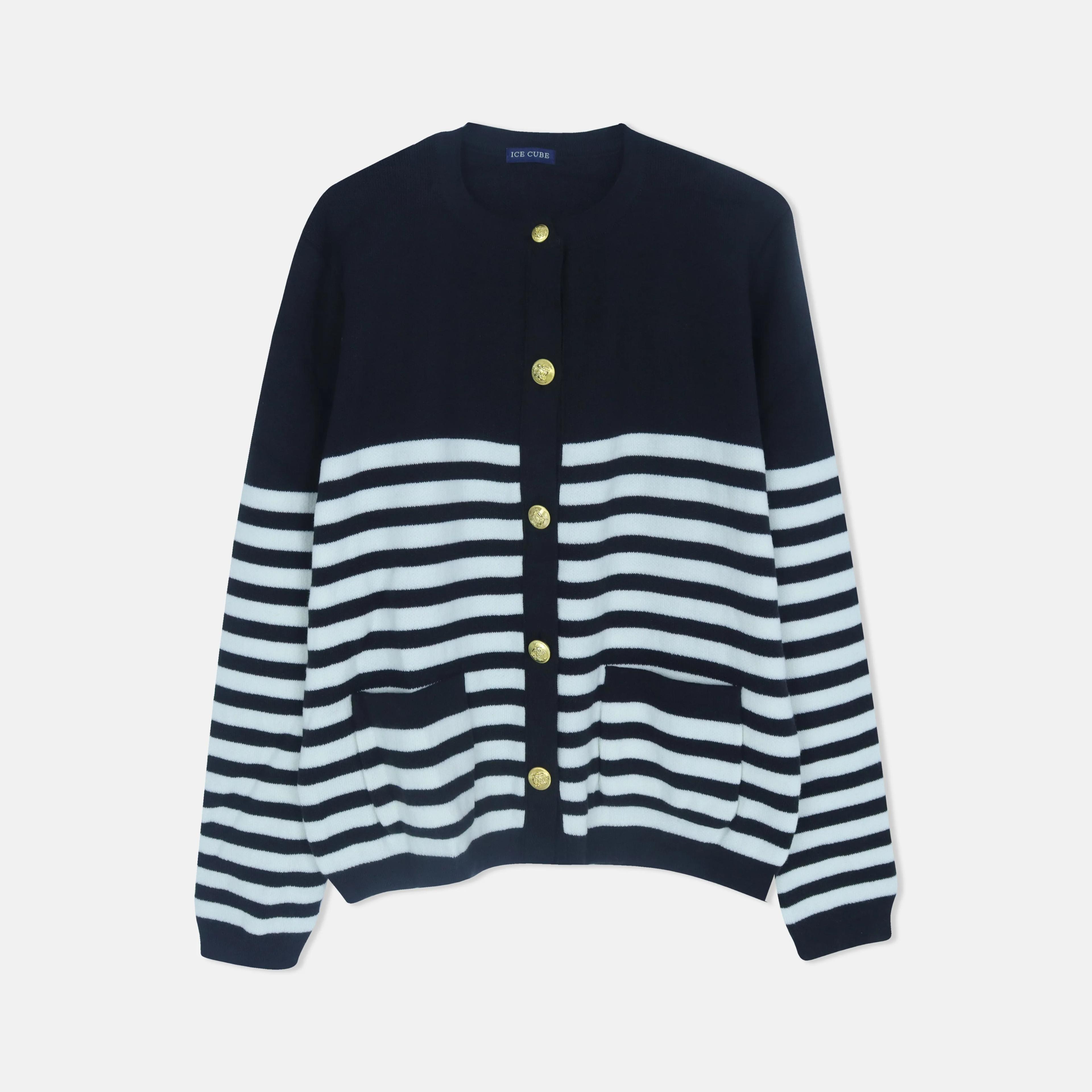 كارديجان نسائي مخطط برقبة دائرية وجيوب Thumbnail 1