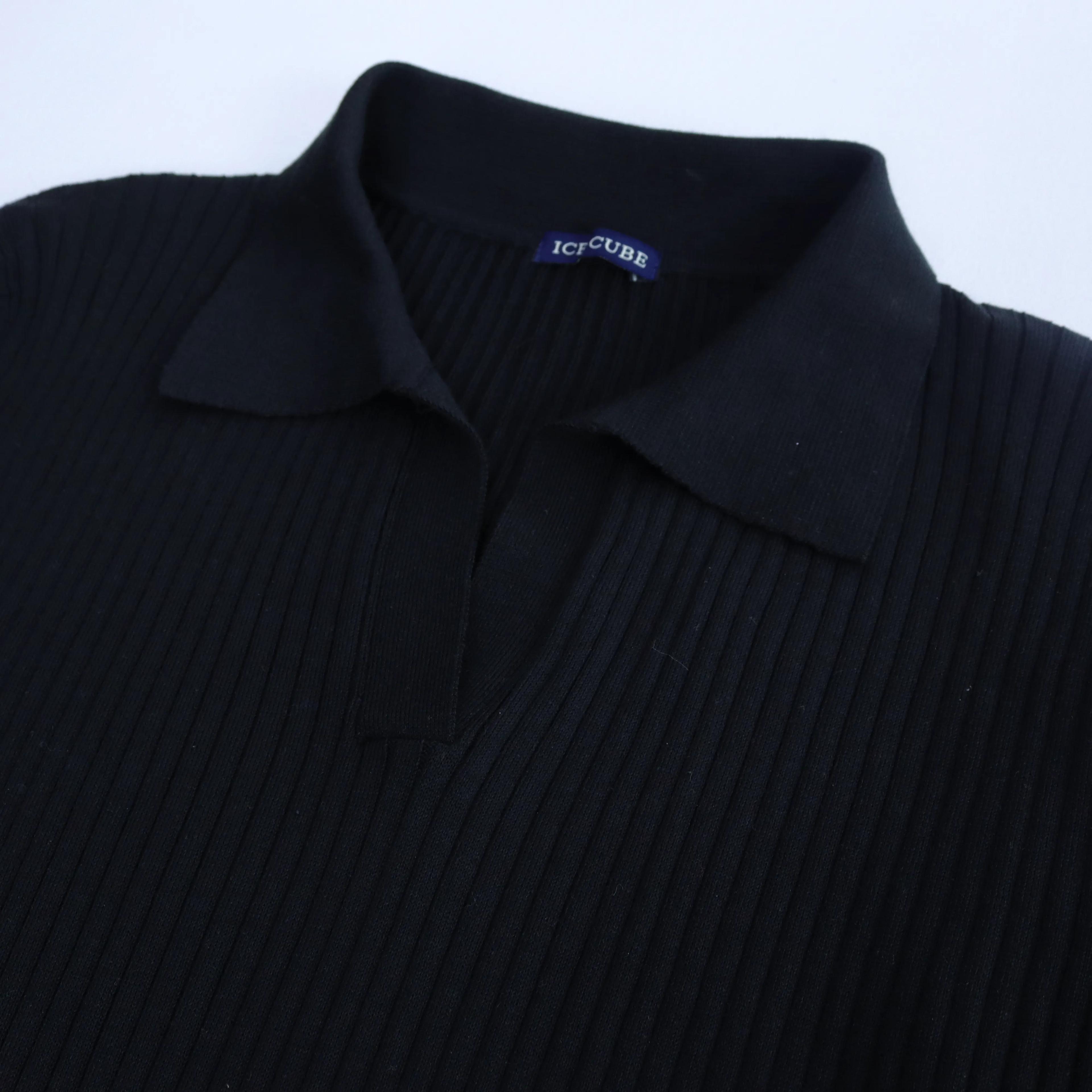 فستان نسائي محبوك مضلع بأكمام طويلة وياقة بولو Thumbnail 2