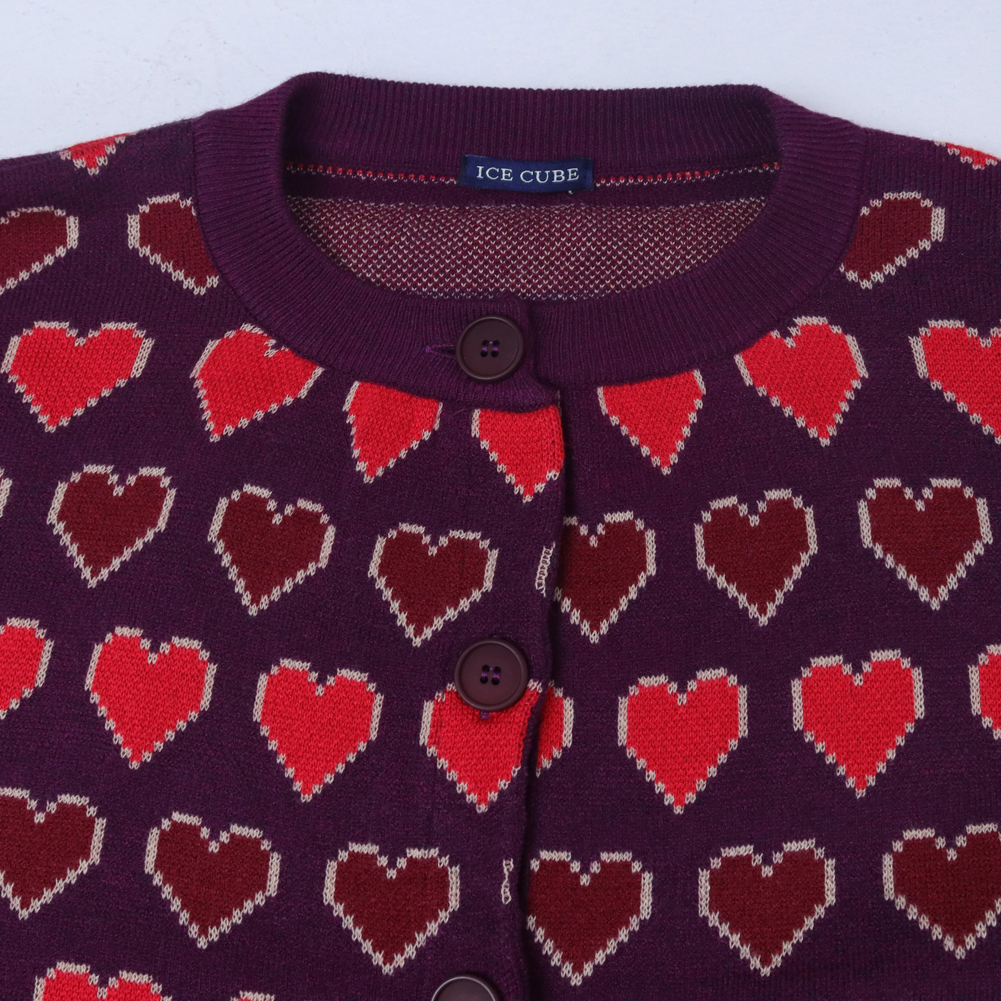 كارديجان نسائي بياقة دائرية بنقشة قلب Thumbnail 2