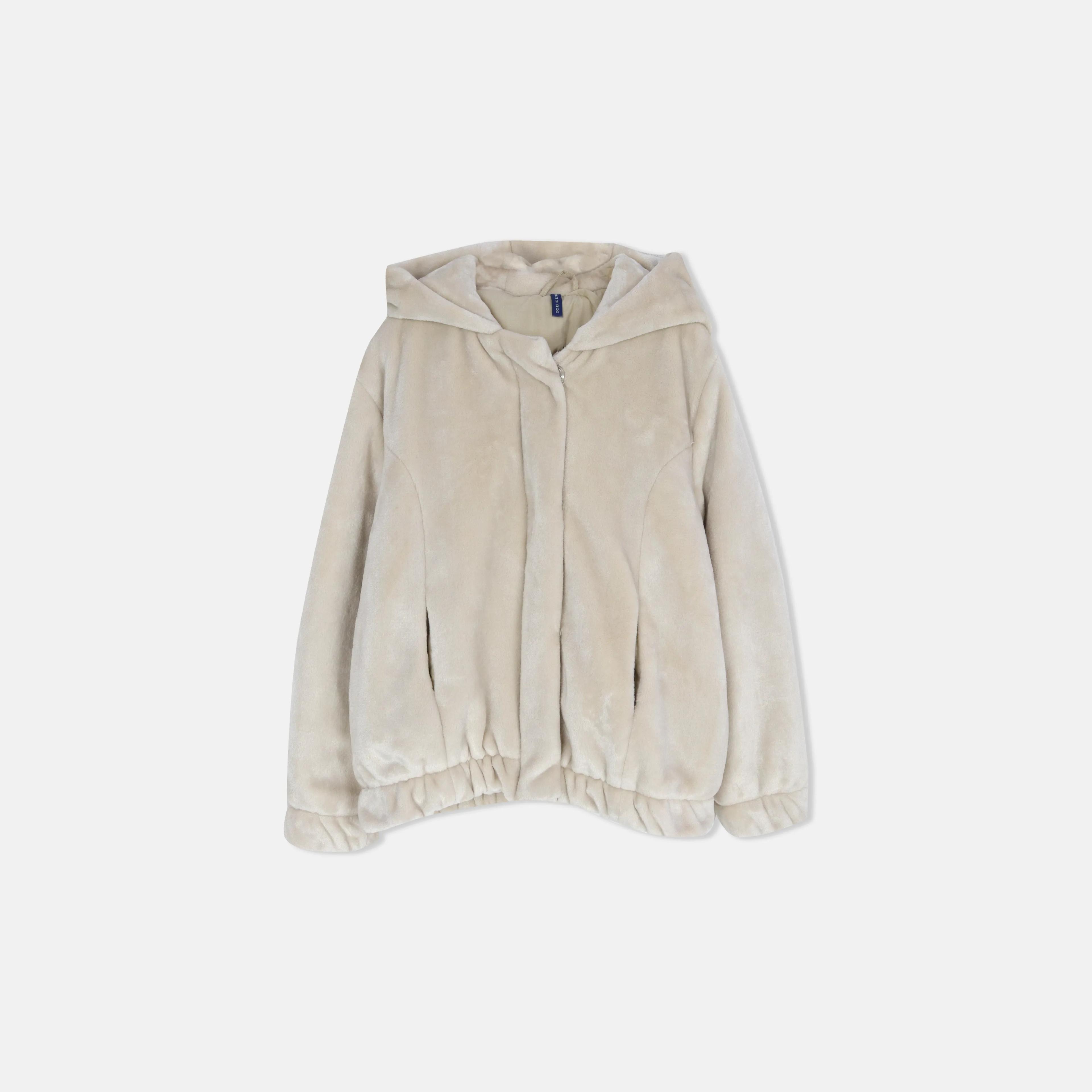 معطف بناتي فاخر ناعم الملمس بسحاب كامل وغطاء رأس. Thumbnail 1