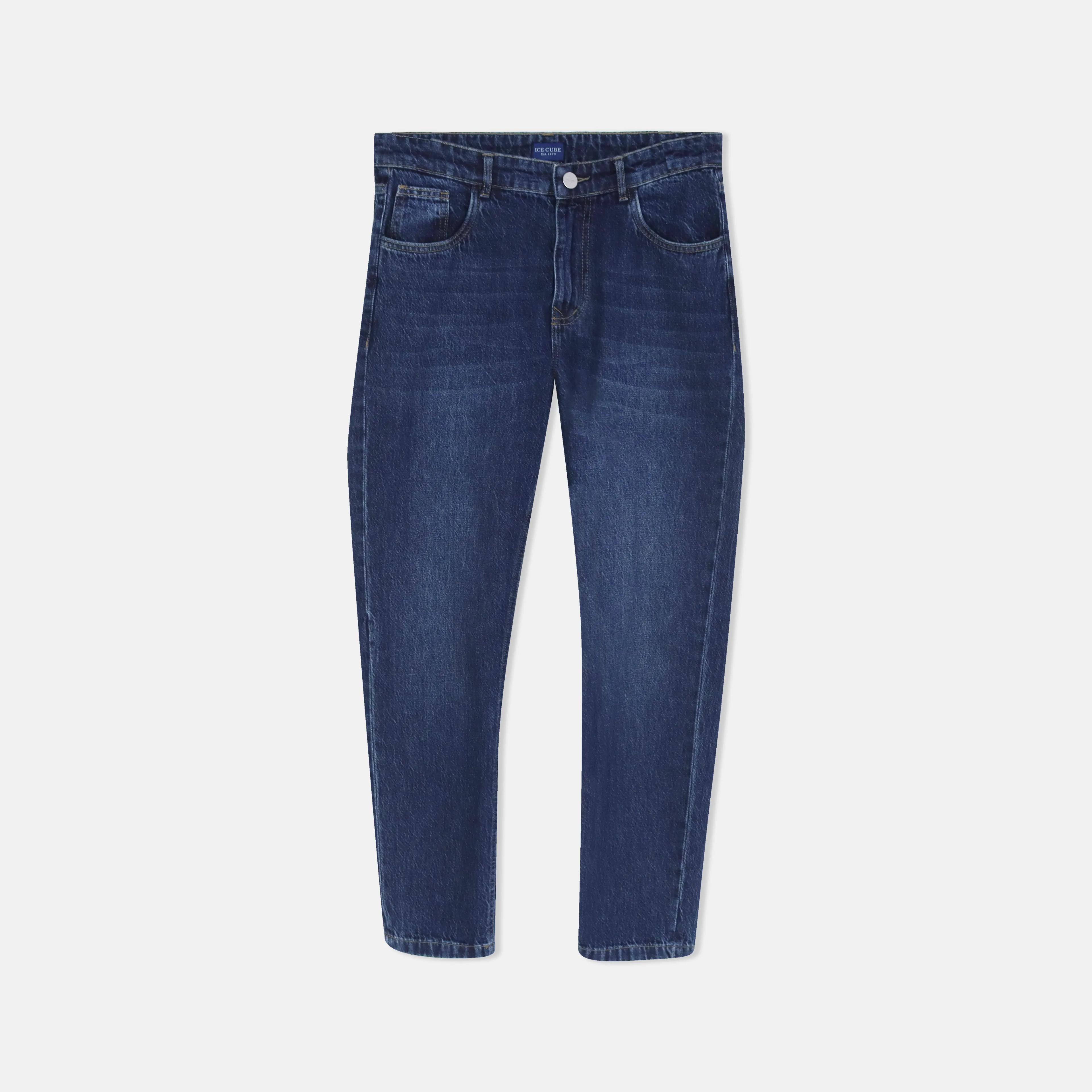 بنطلون جينز رجالي بقصة مستقيمة باللون الأزرق الداكن Thumbnail 1