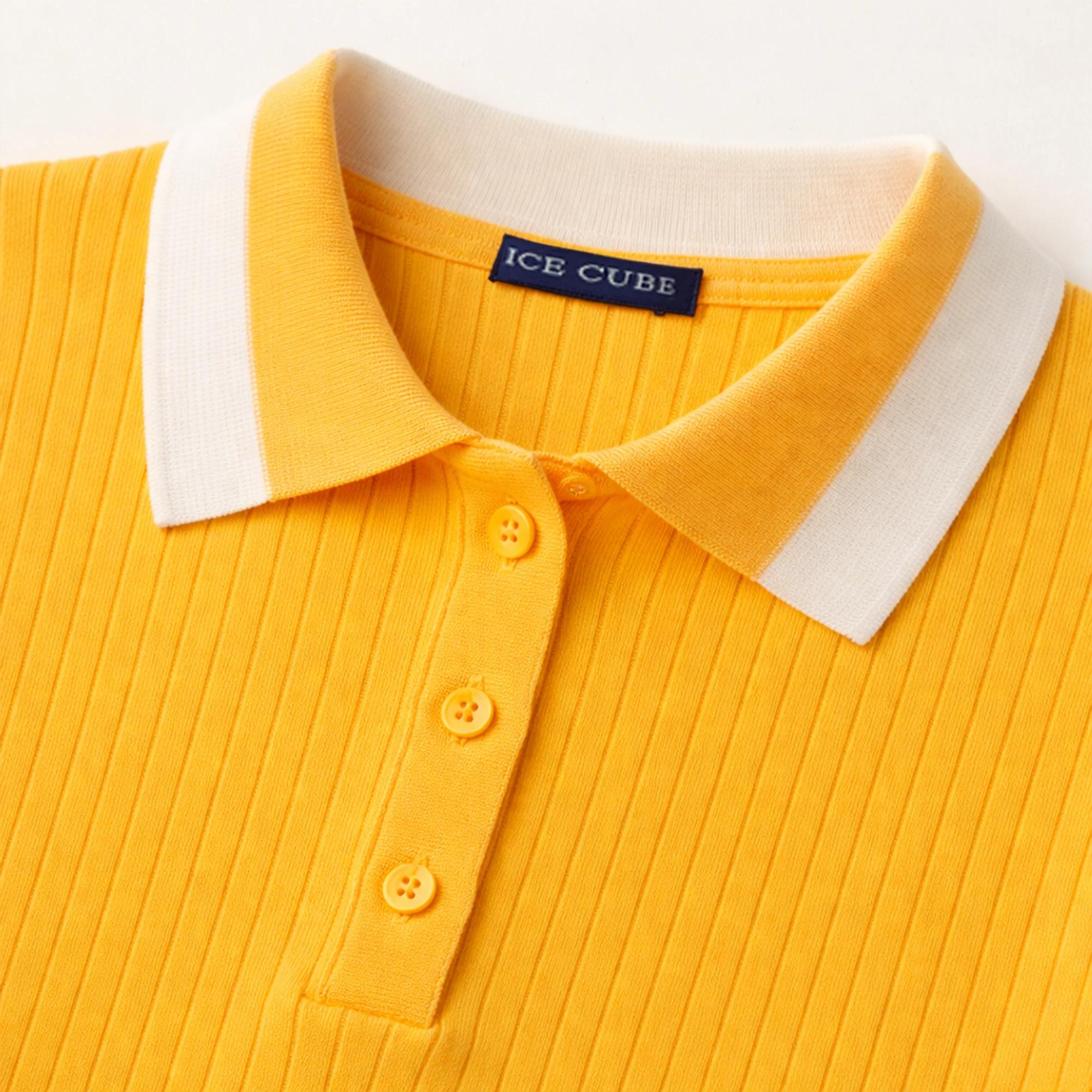 قميص بولو نسائي محبوك مضلع بحواف متباينة - كم قصير media preview 2