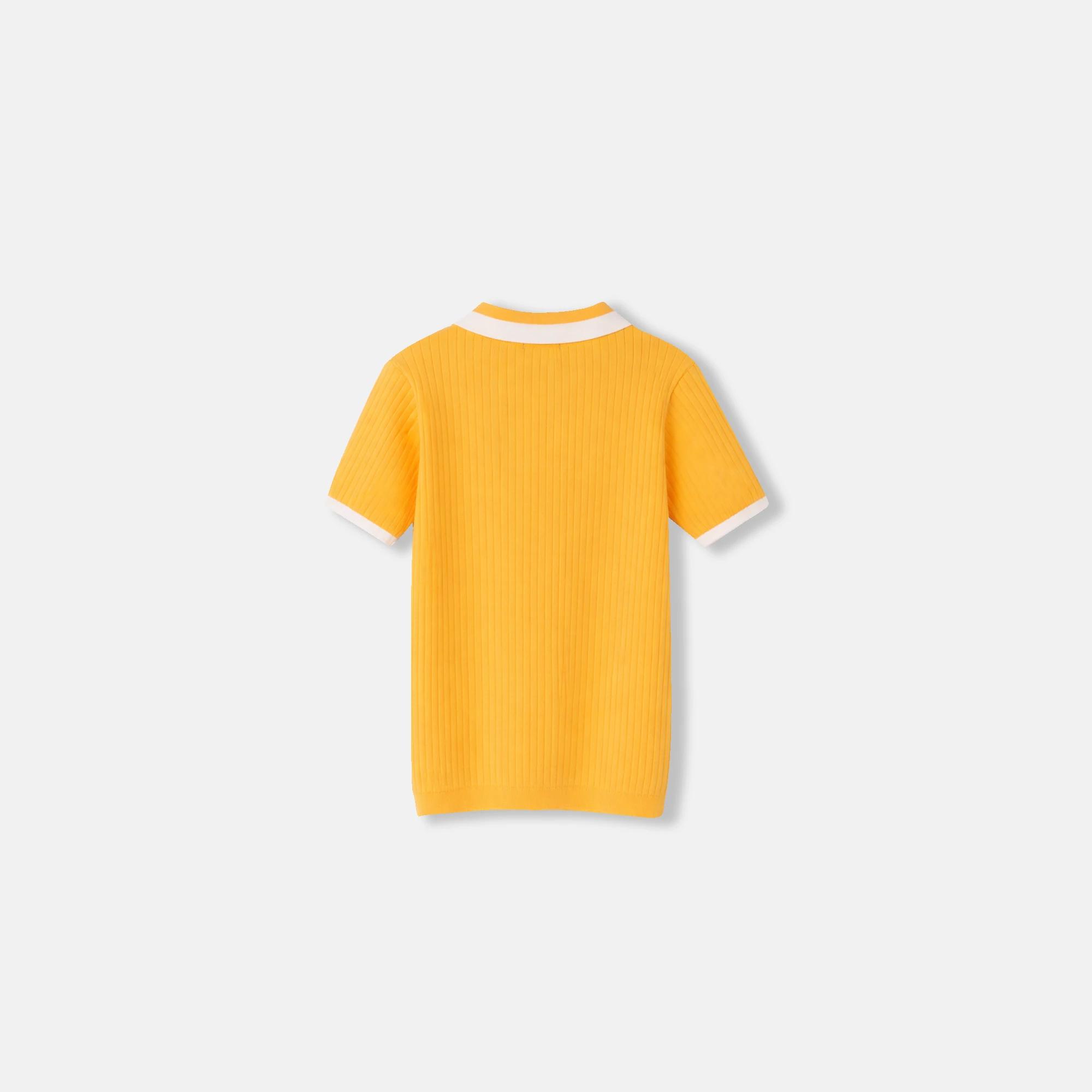 قميص بولو نسائي محبوك مضلع بحواف متباينة - كم قصير Thumbnail 3