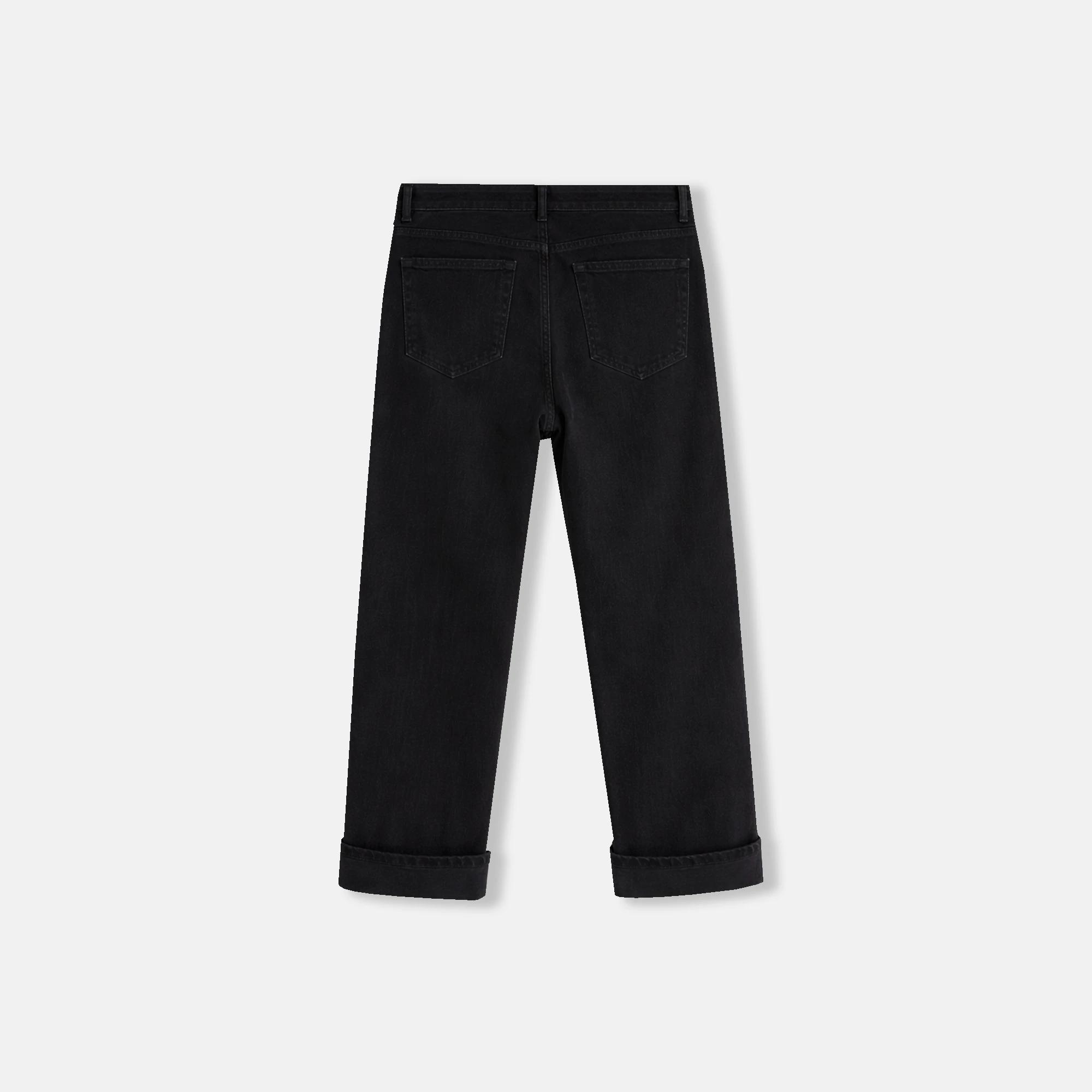 بنطلون جينز نسائي بخصر عالٍ وساق مستقيمة وحواف مطوية media preview 3