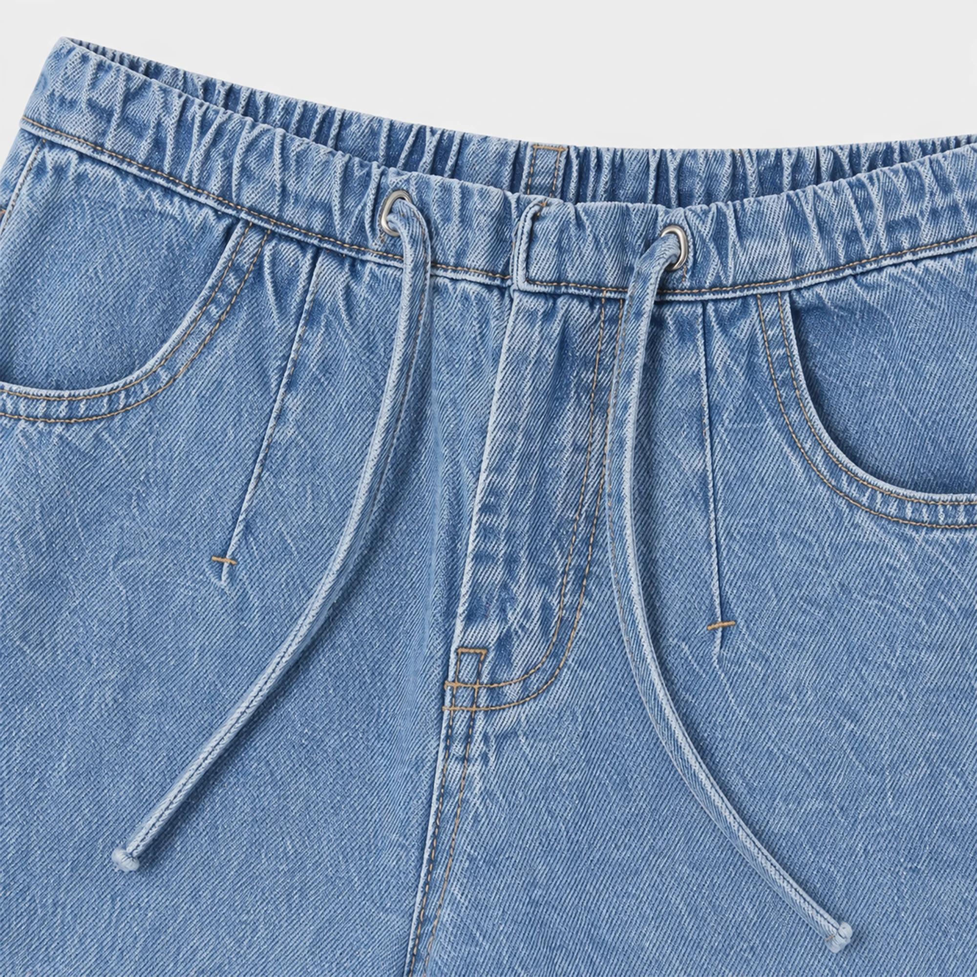 بنطلون جينز واسع الساقين للبنات بخصر مطاطي - أزرق فاتح Thumbnail 2