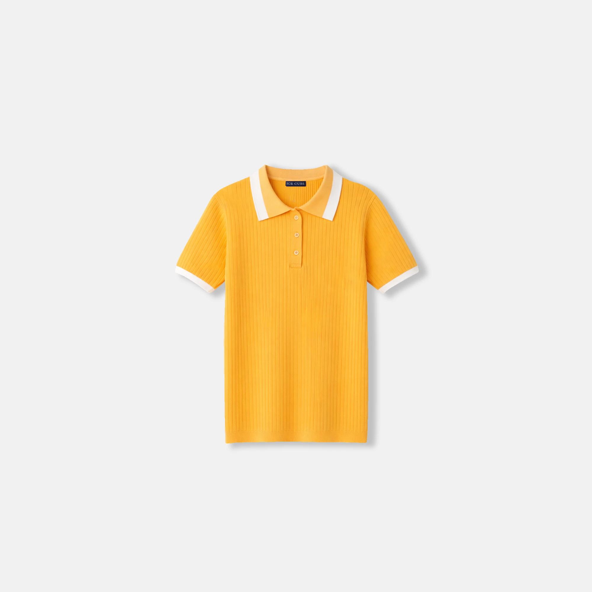 قميص بولو نسائي محبوك مضلع بحواف متباينة - كم قصير product image