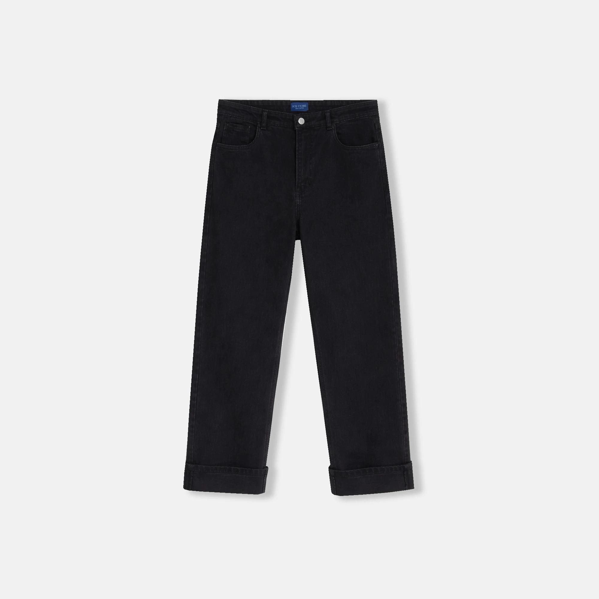 بنطلون جينز نسائي بخصر عالٍ وساق مستقيمة وحواف مطوية product image