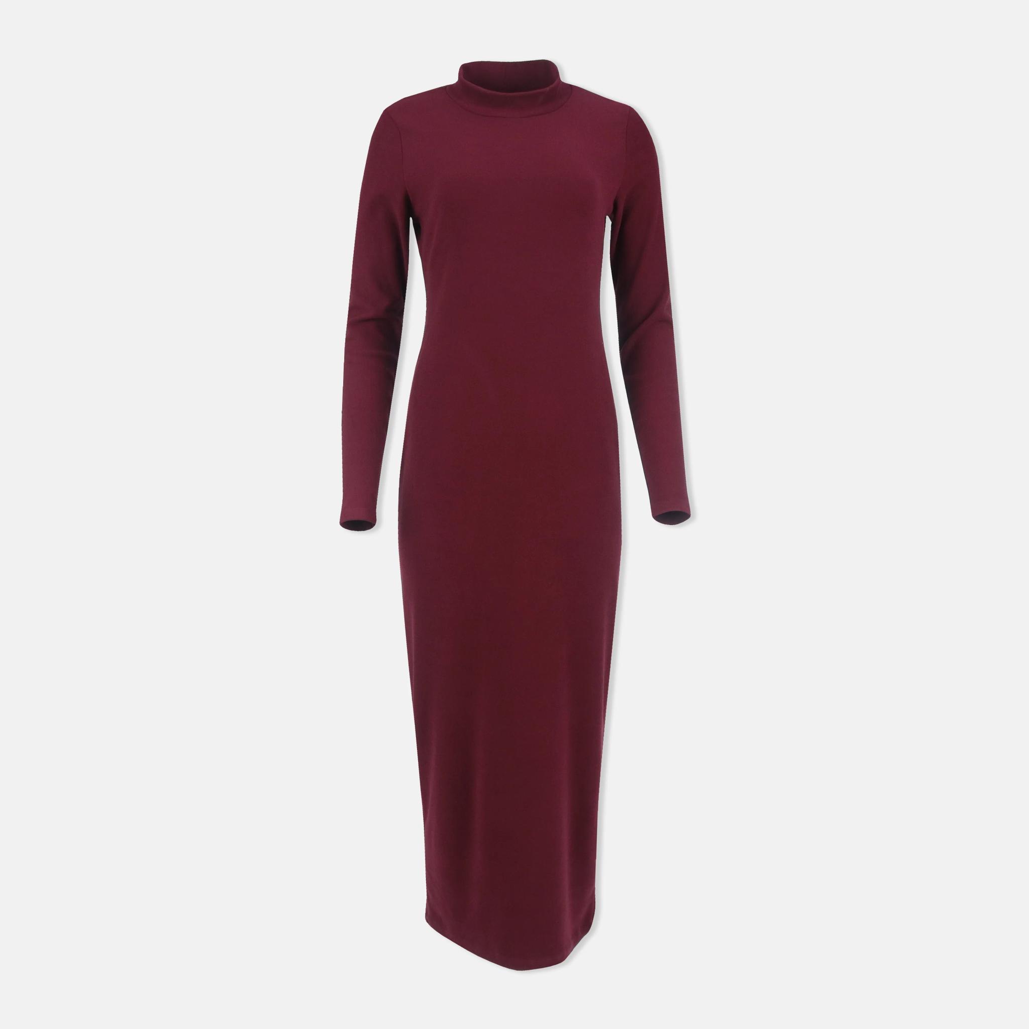 فستان ماكسي نسائي بأكمام طويلة وياقة مدورة باللونين العنابي والأسود product image